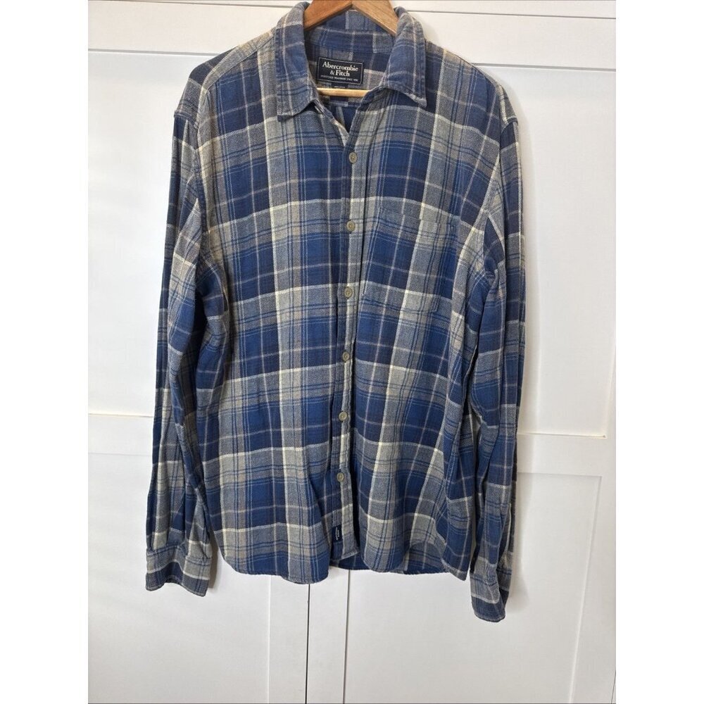 Abercrombie & Fitch Flannel Men Size Large Plaid Button Front Shirt Blue Brown